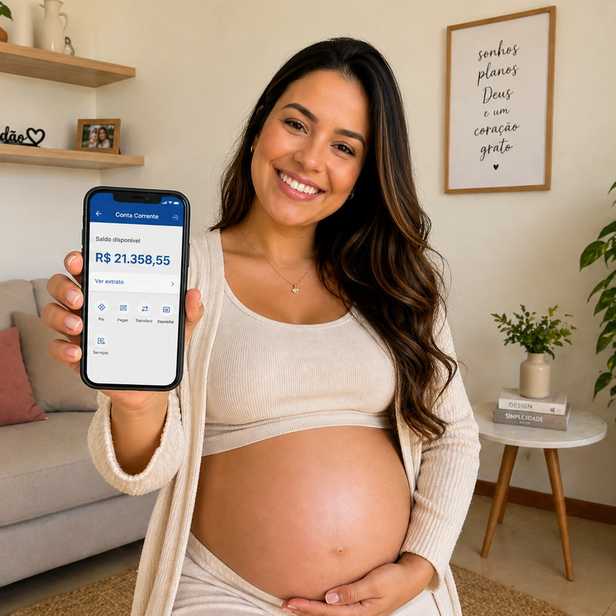 Gestante sorrindo mostrando a tela do celular com saldo na conta corrente